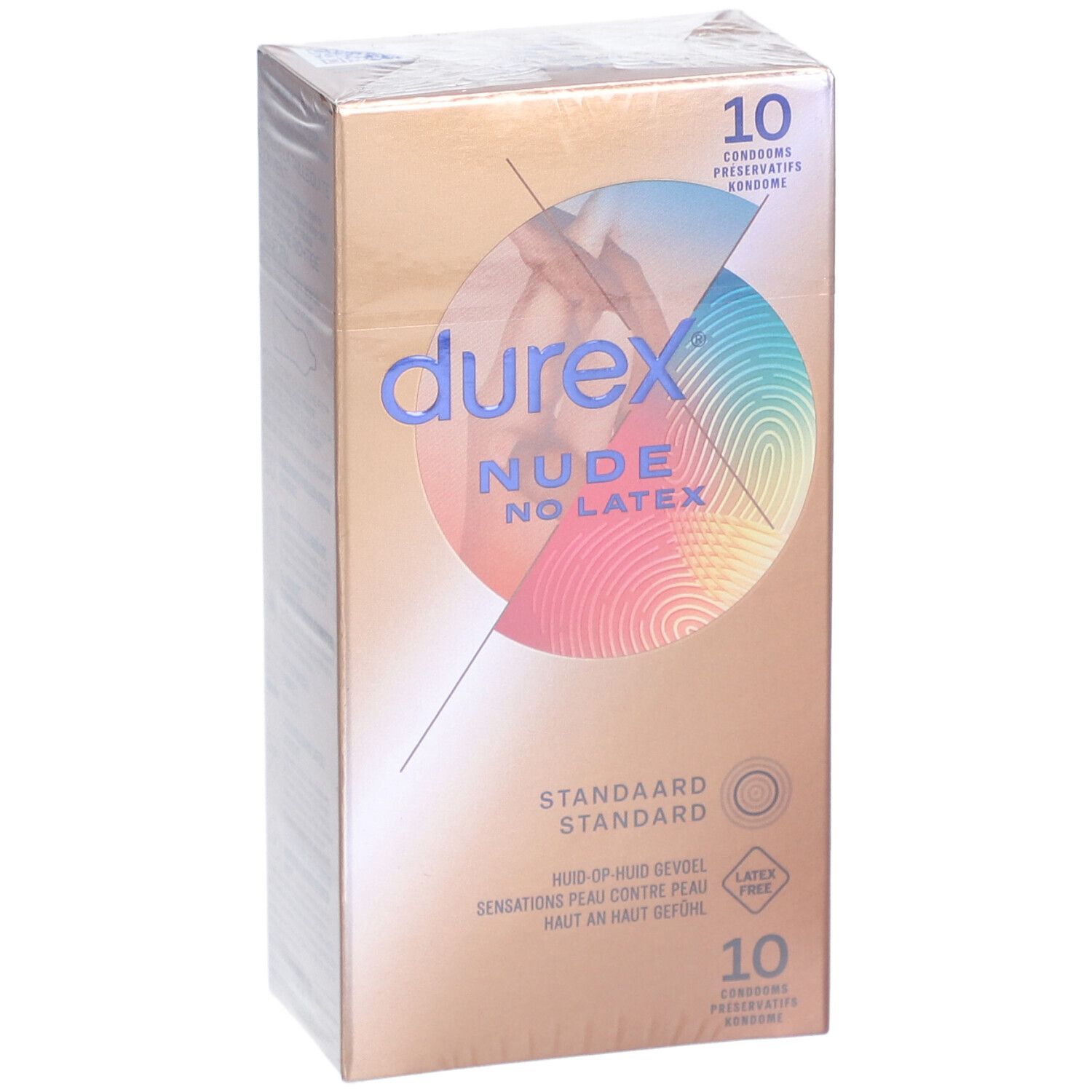 Verpackung mit Kondomen. Marke: durex Nude No Latex. 10 Stück. Goldfarbene Verpackung mit Produktinformationen.