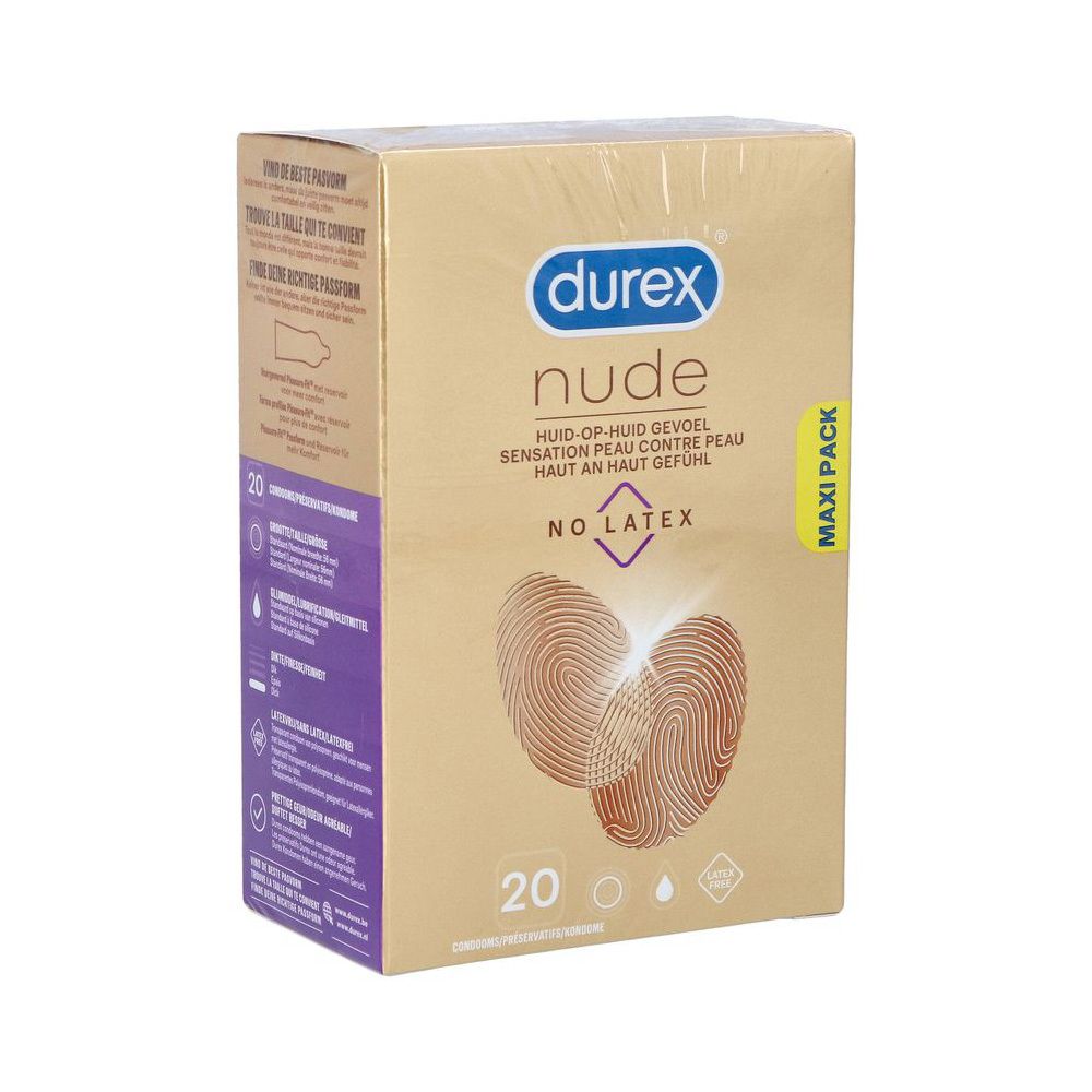 Durex Nude No Latex, 20 préservatifs. Maxi Pack. Emballage doré avec image et texte du produit.