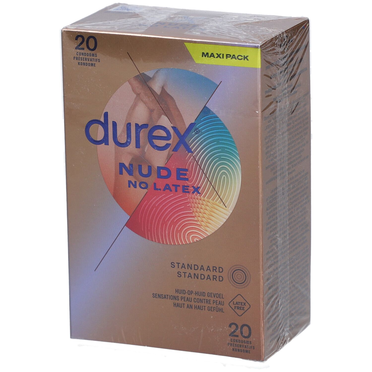 Durex Nude No Latex, 20 Kondome. Maxi Pack. Goldene Verpackung mit Produktabbildung und Text.