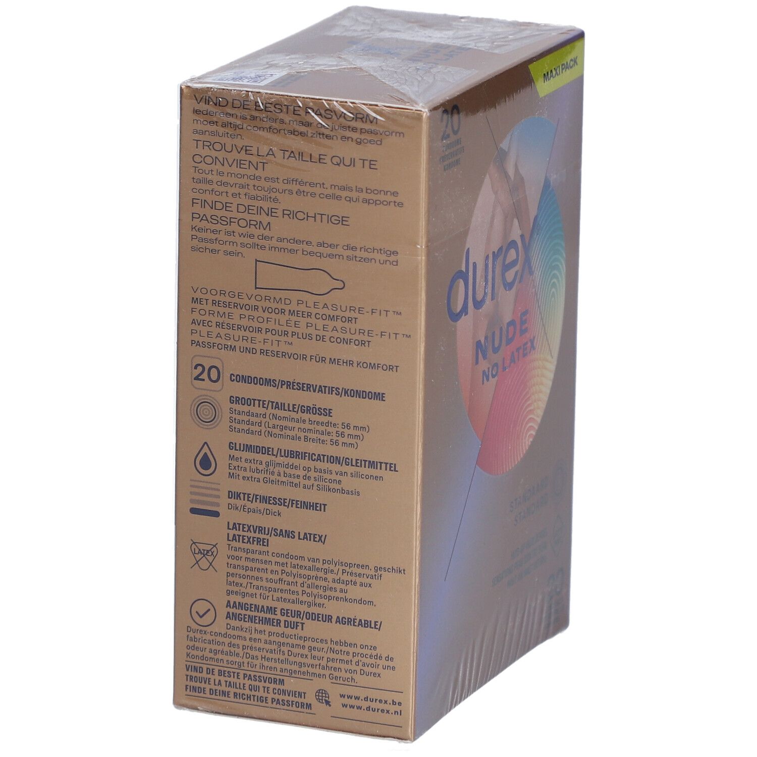 Durex Nude No Latex Verpackung, Rückseite. Text in mehreren Sprachen, Produktinformationen und Details.