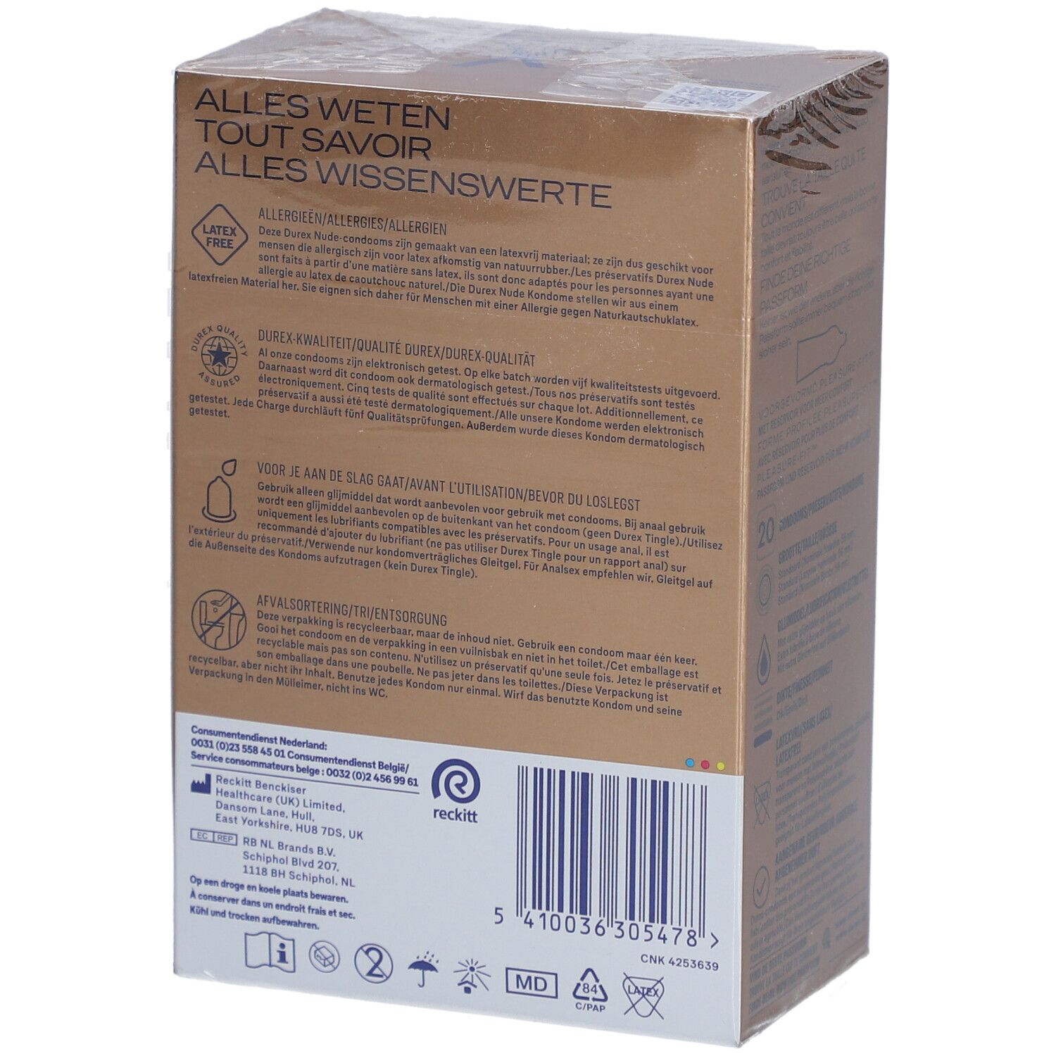 Durex Nude No Latex Verpackung, Rückseite. Text in mehreren Sprachen, Produktinformationen und Details.