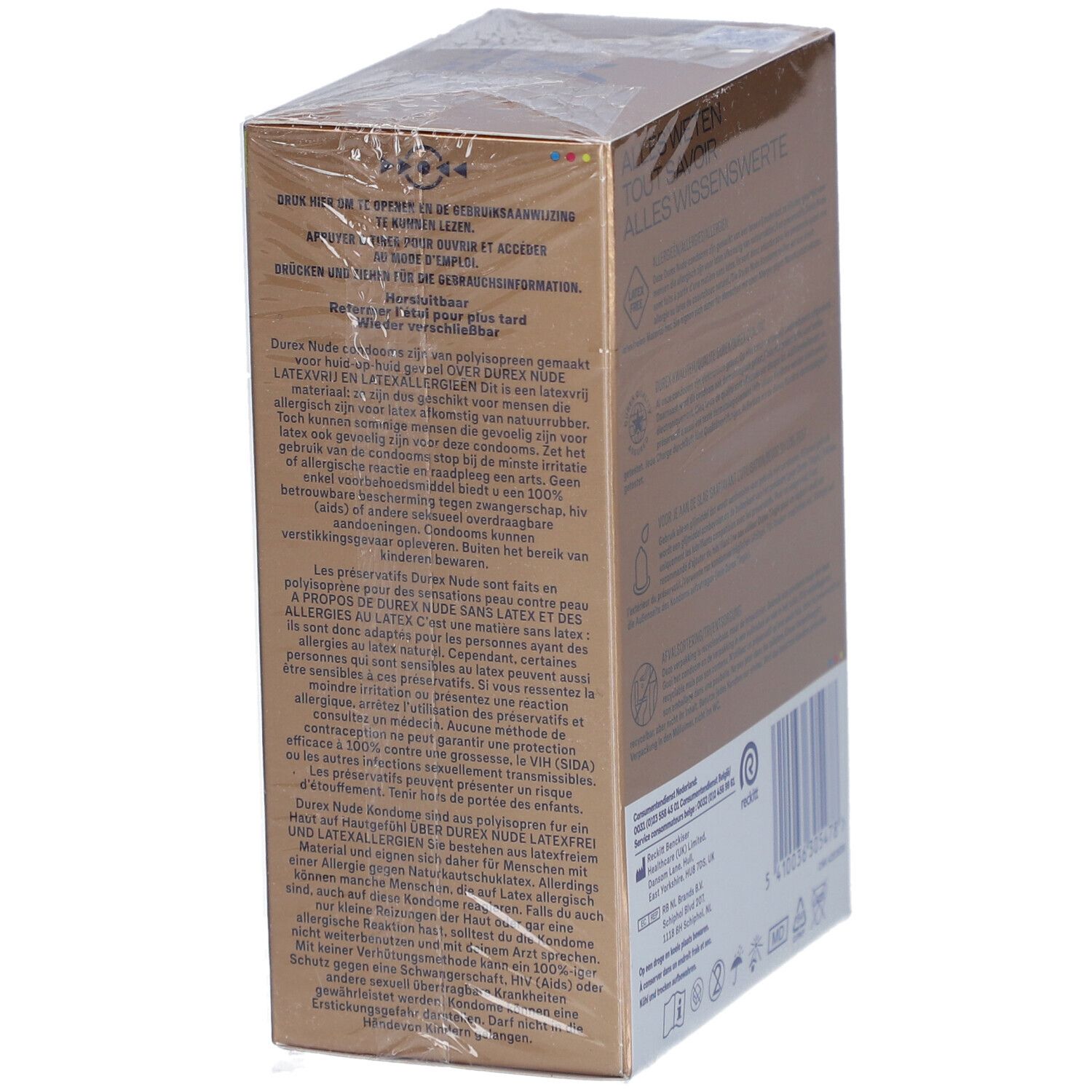 Durex Nude No Latex Verpackung, Rückseite. Text in mehreren Sprachen, Produktinformationen und Details.