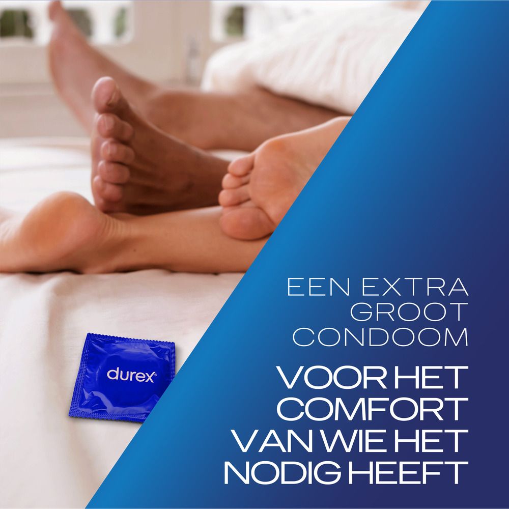 Durex condoom specificaties: Extra Large, glijmiddel op siliconenbasis, standaard dikte, rechte vorm met reservoir.