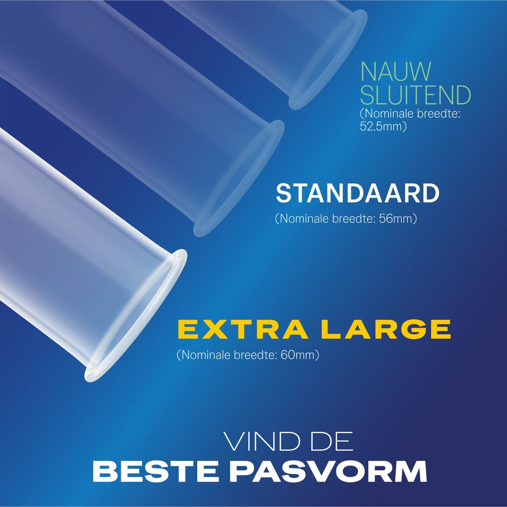 Durex Condoms: Maatvergelijking van condooms (Nauwe pasvorm, Standaard, Extra Large).