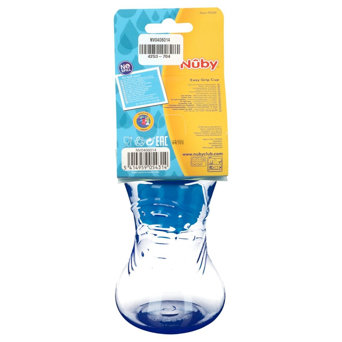 Rückseite der Nûby Easy Grip Becher Verpackung. Informationen und Logos auf blauem Hintergrund. Becher sichtbar.