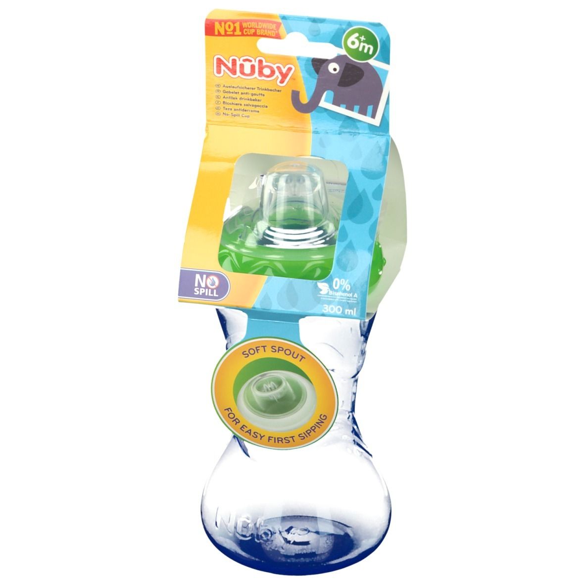 Nûby Easy Grip Becher mit Verpackung. Becher aus transparentem Kunststoff mit grünem Deckel. Verpackung mit Logo.