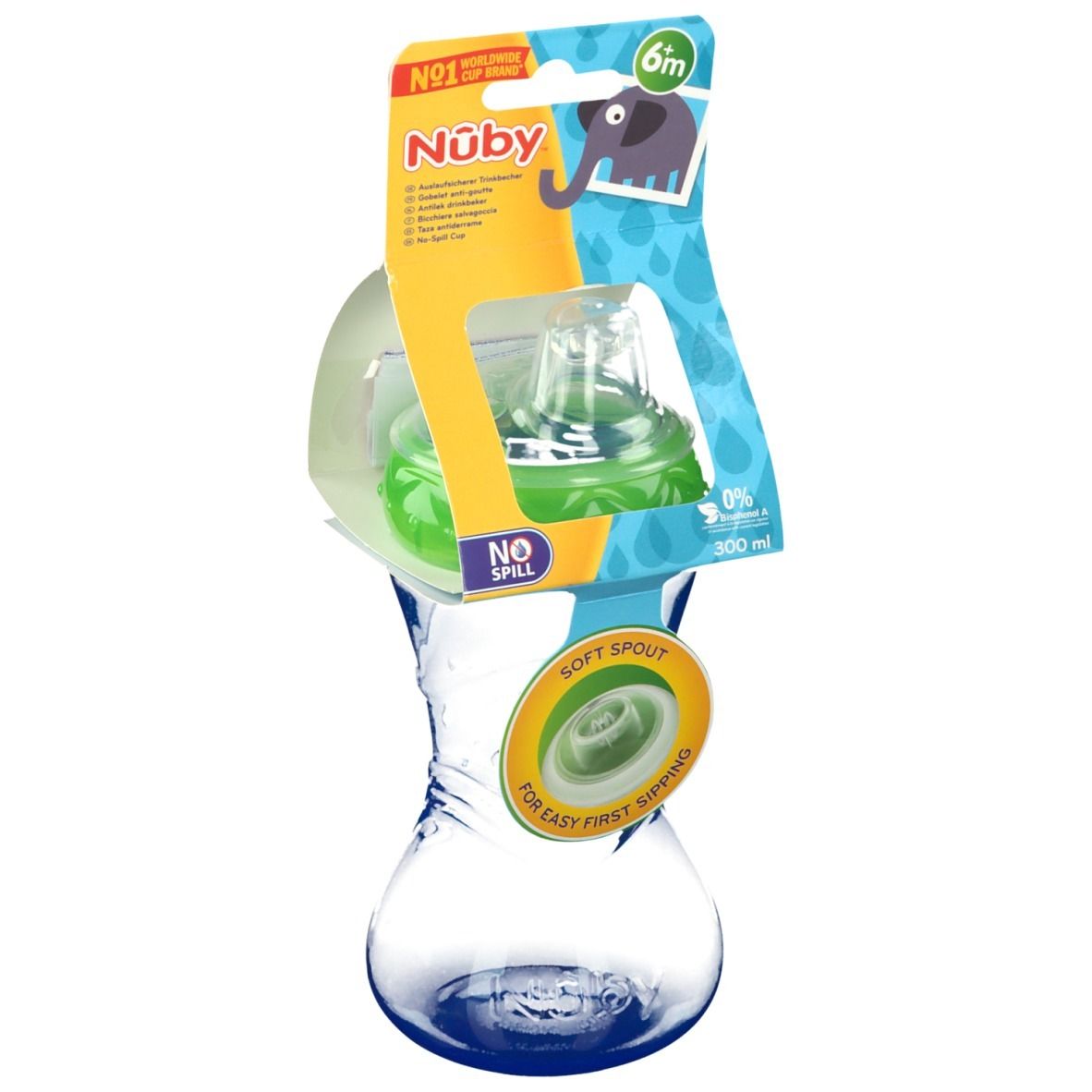 Nûby Easy Grip Becher mit Verpackung. Becher aus transparentem Kunststoff mit grünem Deckel. Verpackung mit Logo.
