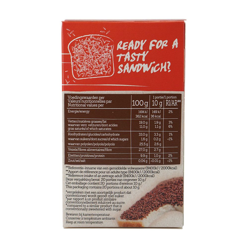 Achterkant van de verpakking. Voedingswaarden per 100g en per portie. Illustratie: toast met hagelslag.