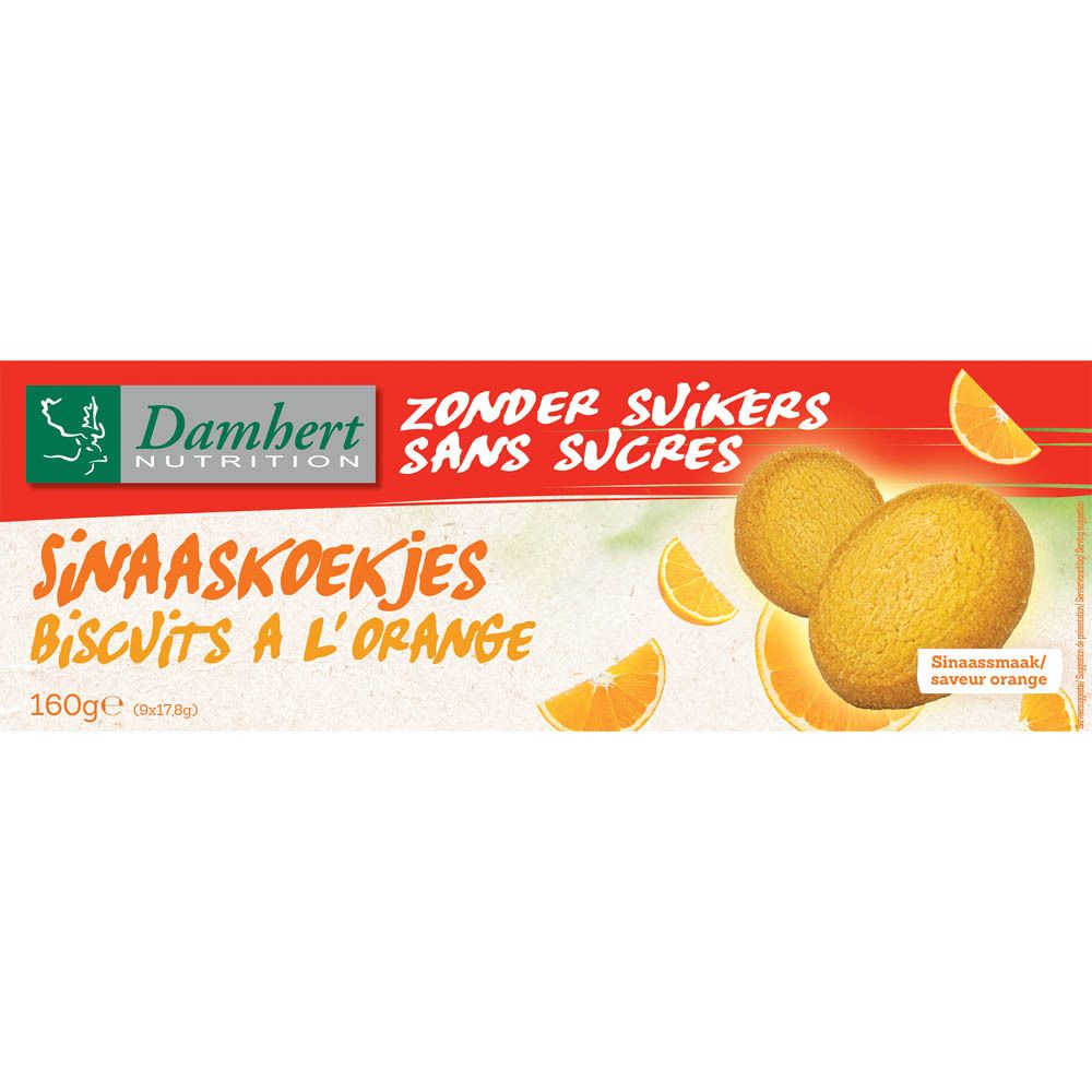 Damhert Orangenkekse zuckerfrei. Verpackung mit Keksen und Orangen. Text: Zonder Suikers, Sans Sucres. Gewicht: 160g.