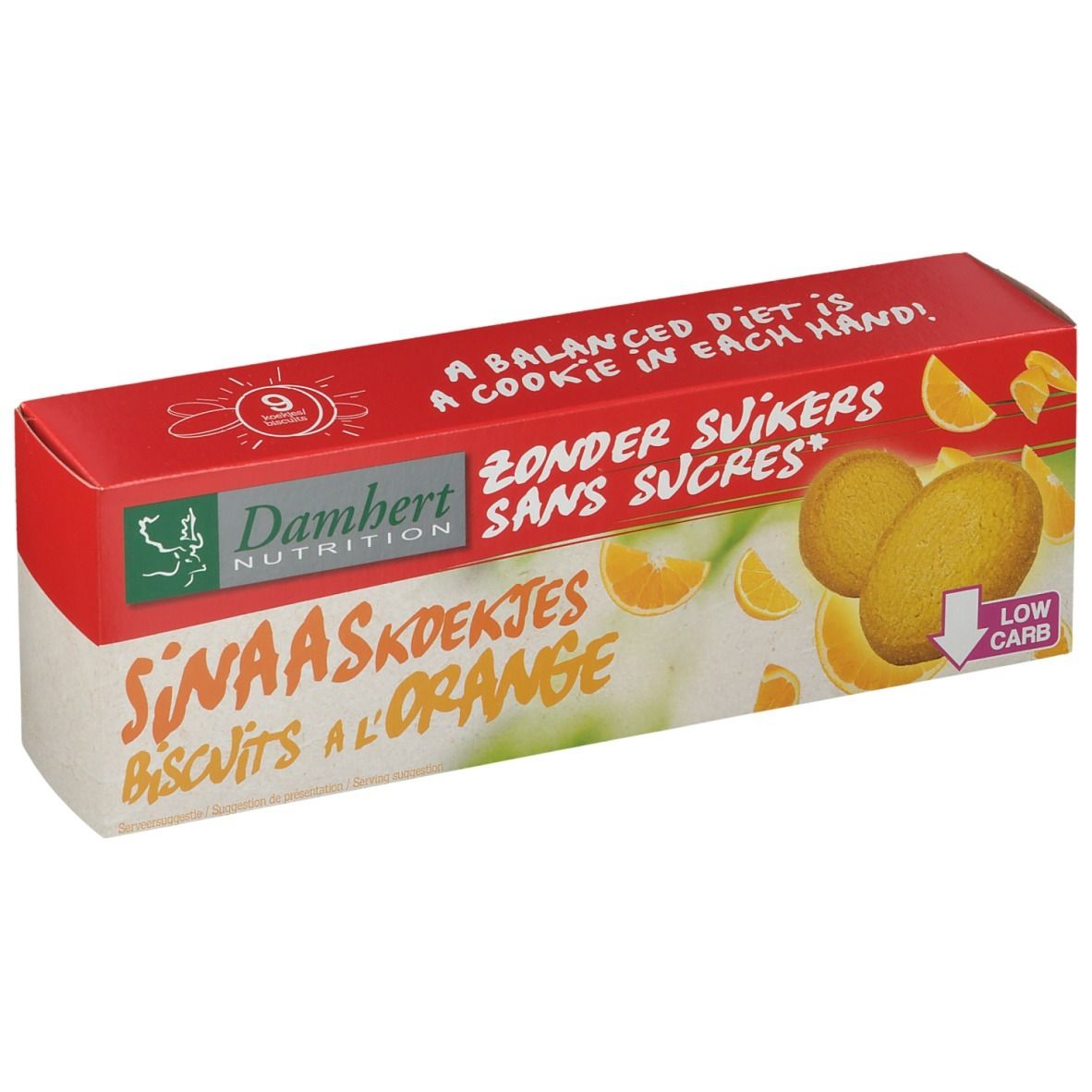 Damhert Orangenkekse zuckerfrei. Rote und weiße Verpackung mit Keksen und Orangen. Text: Zonder Suikers, Sans Sucres.