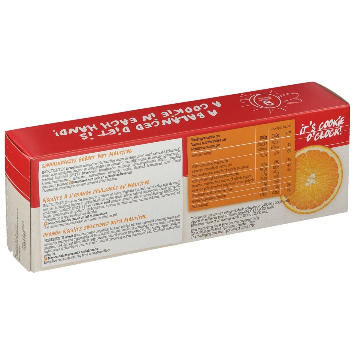 Rückseite der Damhert Orangenkekse zuckerfrei Verpackung. Text und Nährwertangaben. Abbildung einer Orangenscheibe.