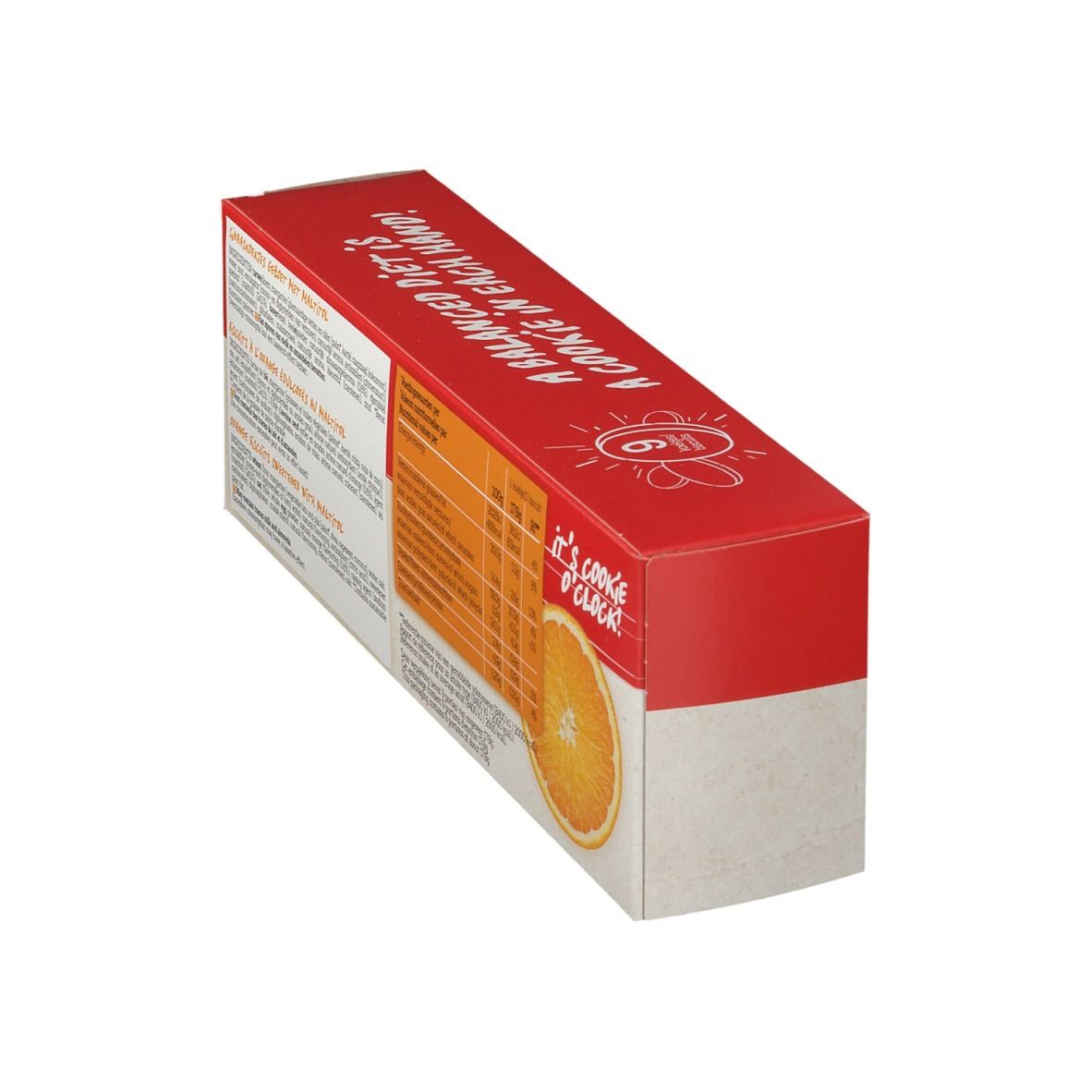 Schräg gestellte Rückseite der Damhert Orangenkekse zuckerfrei Verpackung. Text und Nährwertangaben. Orangenscheibe.