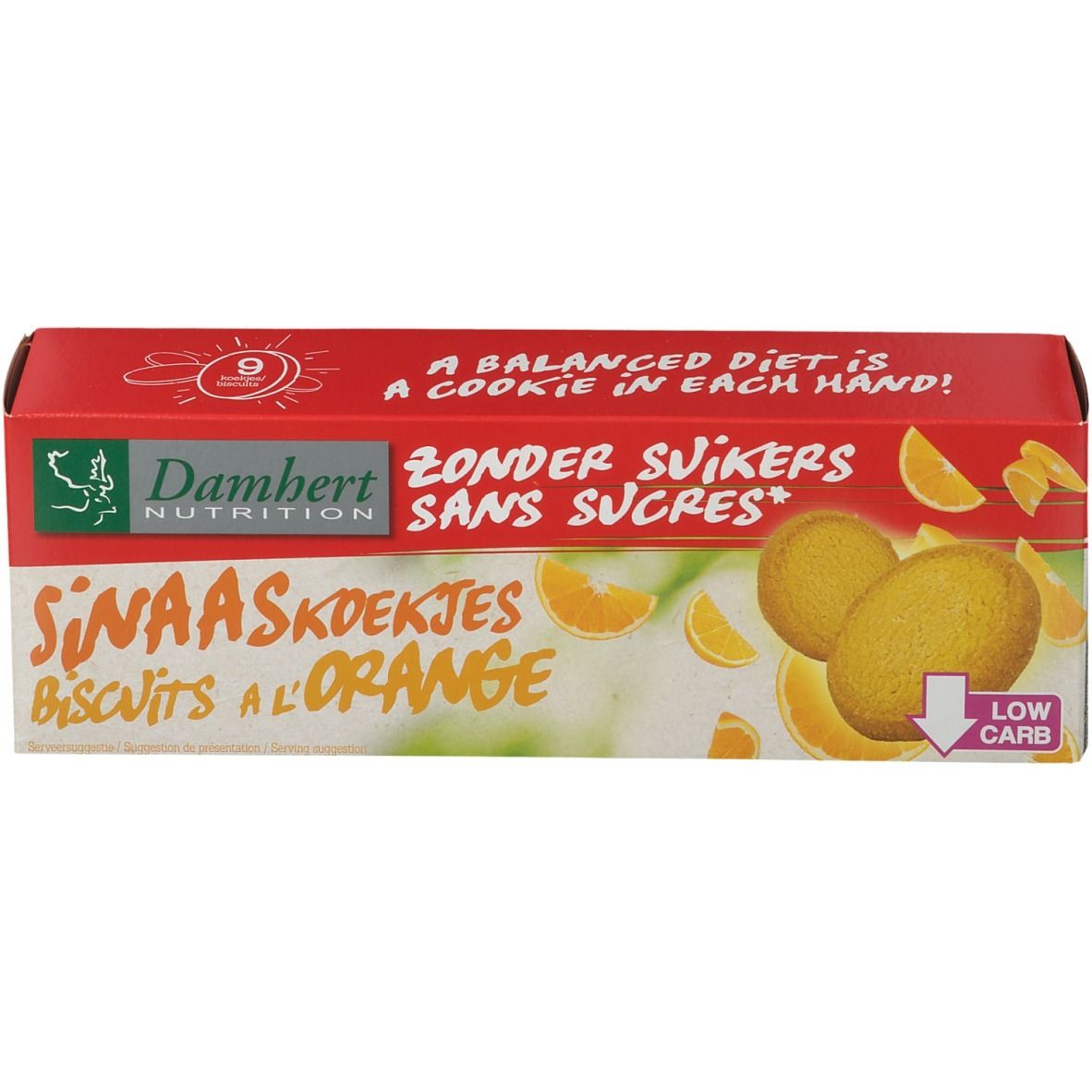 Damhert Orangenkekse zuckerfrei. Rote und weiße Verpackung mit Keksen und Orangen. Text: Zonder Suikers, Sans Sucres.