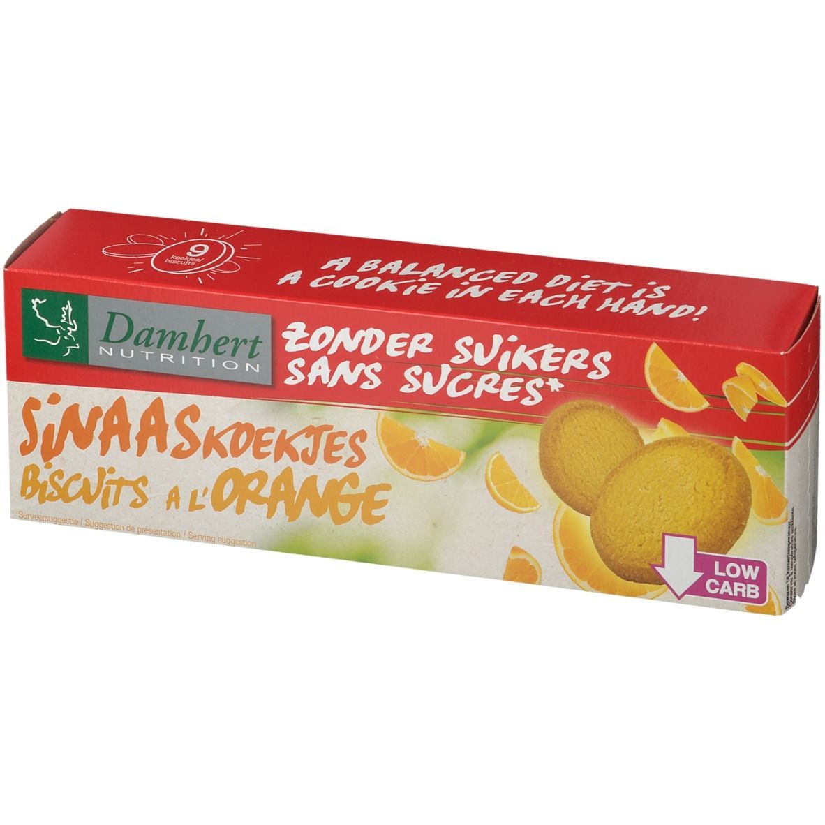Damhert Orangenkekse zuckerfrei. Rote und weiße Verpackung mit Keksen und Orangen. Text: Zonder Suikers, Sans Sucres.