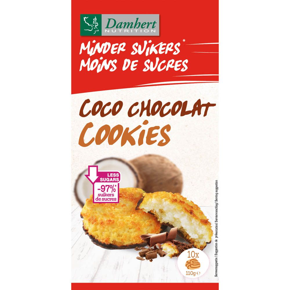 Verpakking van Damhert Coco Chocolat Cookies. Opschrift: Minder suikers, Coco Chocolat Cookies. Afbeeldingen van kokosnoot en koekjes.