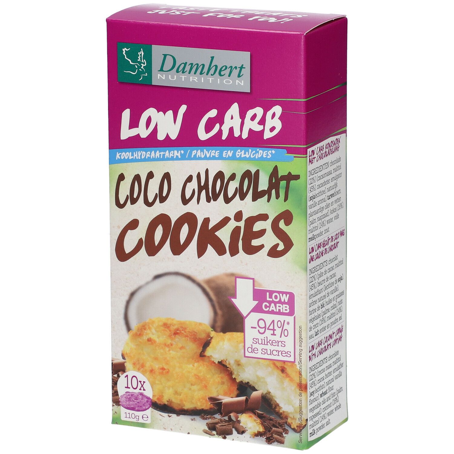 Verpakking van Damhert Low Carb Coco Chocolat Cookies. Opschrift: Low Carb, Coco Chocolat Cookies. Afbeeldingen van kokosnoot en koekjes.