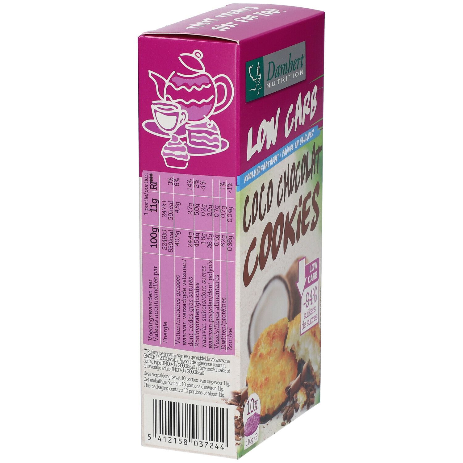 Verpakking van Damhert Low Carb Coco Chocolat Cookies. Zijaanzicht met voedingswaarde en barcode. Logo Damhert Nutrition.