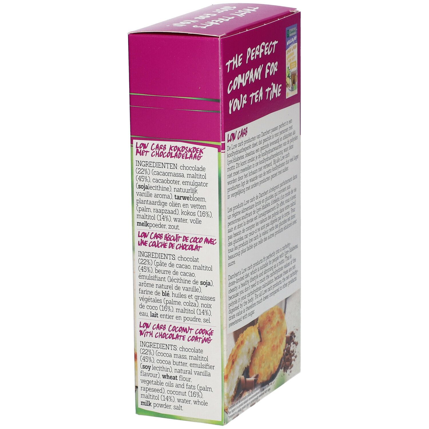 Verpakking van Damhert Low Carb Coco Chocolat Cookies. Tekst met ingrediëntenlijst in meerdere talen. Logo Damhert Nutrition.