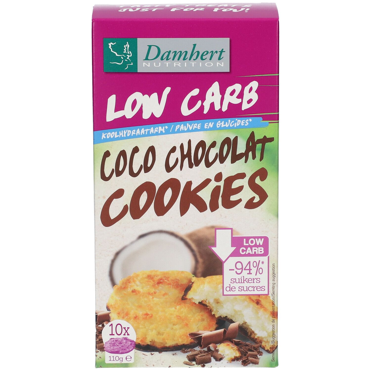 Verpakking van Damhert Low Carb Coco Chocolat Cookies. Opschrift: Low Carb, Coco Chocolat Cookies. Afbeeldingen van kokosnoot en koekjes.