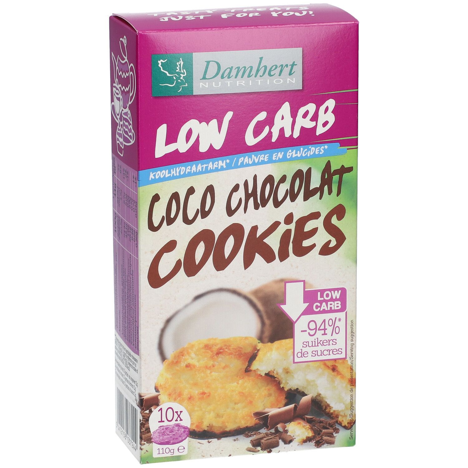 Verpakking van Damhert Low Carb Coco Chocolat Cookies. Opschrift: Low Carb, Coco Chocolat Cookies. Afbeeldingen van kokosnoot en koekjes.