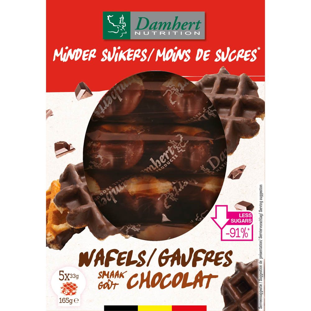 Verpakking met chocoladewafels. Transparant venster. Opschrift: Minder Suikers/Moins de Sucres. 165g, 5 stuks.