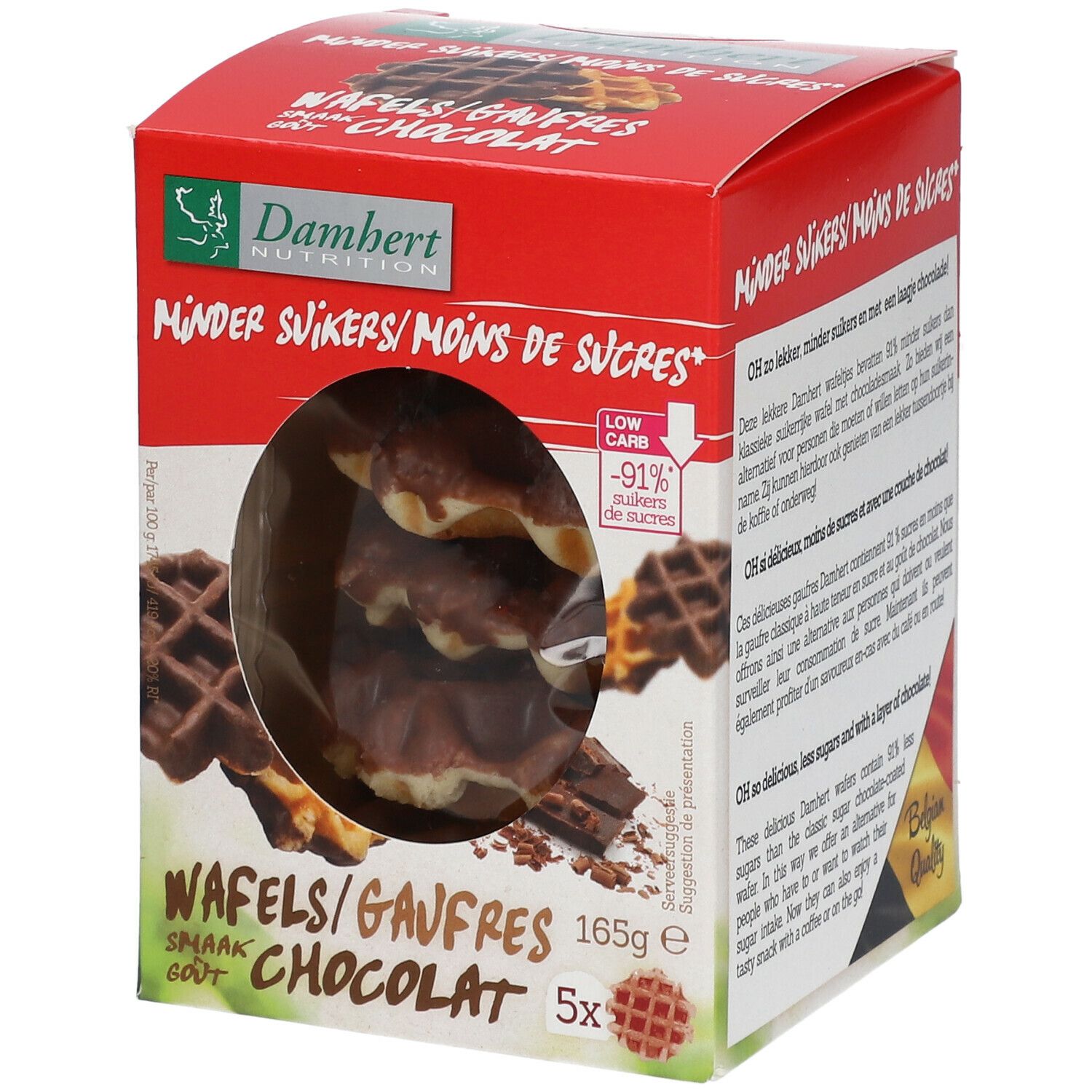 Verpakking met chocoladewafels. Transparant venster. Opschrift: Minder Suikers/Moins de Sucres. 165g, 5 stuks.