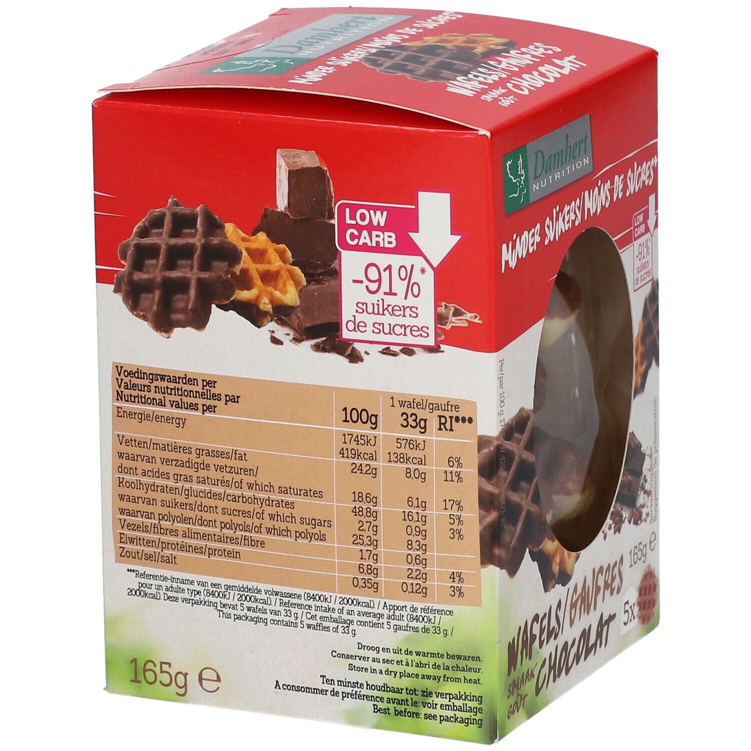 Verpakking met voedingswaarde-informatie en wafelafbeelding. Opschrift: Minder Suikers/Moins de Sucres. 165g, 5 stuks. Low Carb.