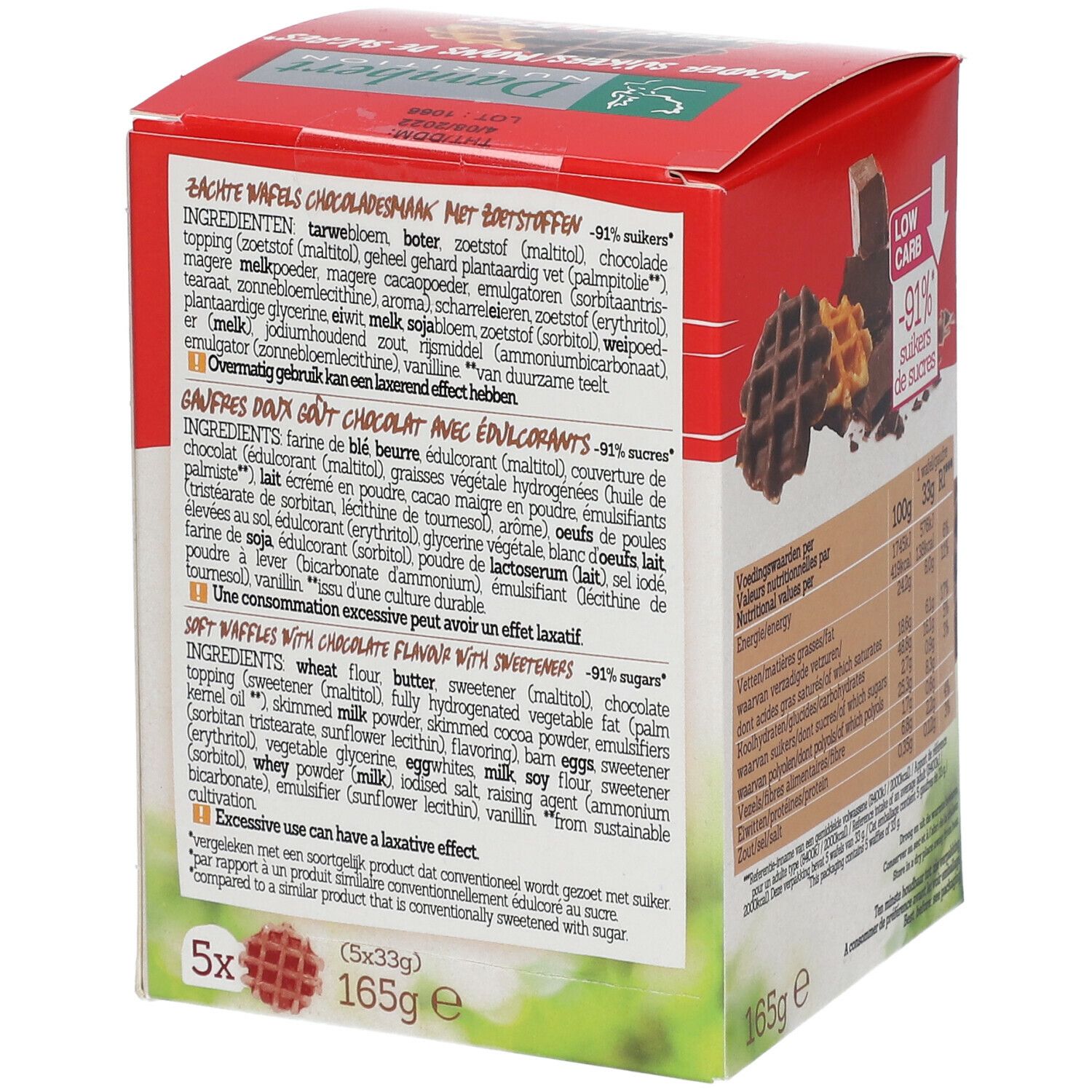 Achterkant van de verpakking met ingrediëntenlijst. Opschrift: Minder Suikers/Moins de Sucres. 165g, 5 stuks. Low Carb.