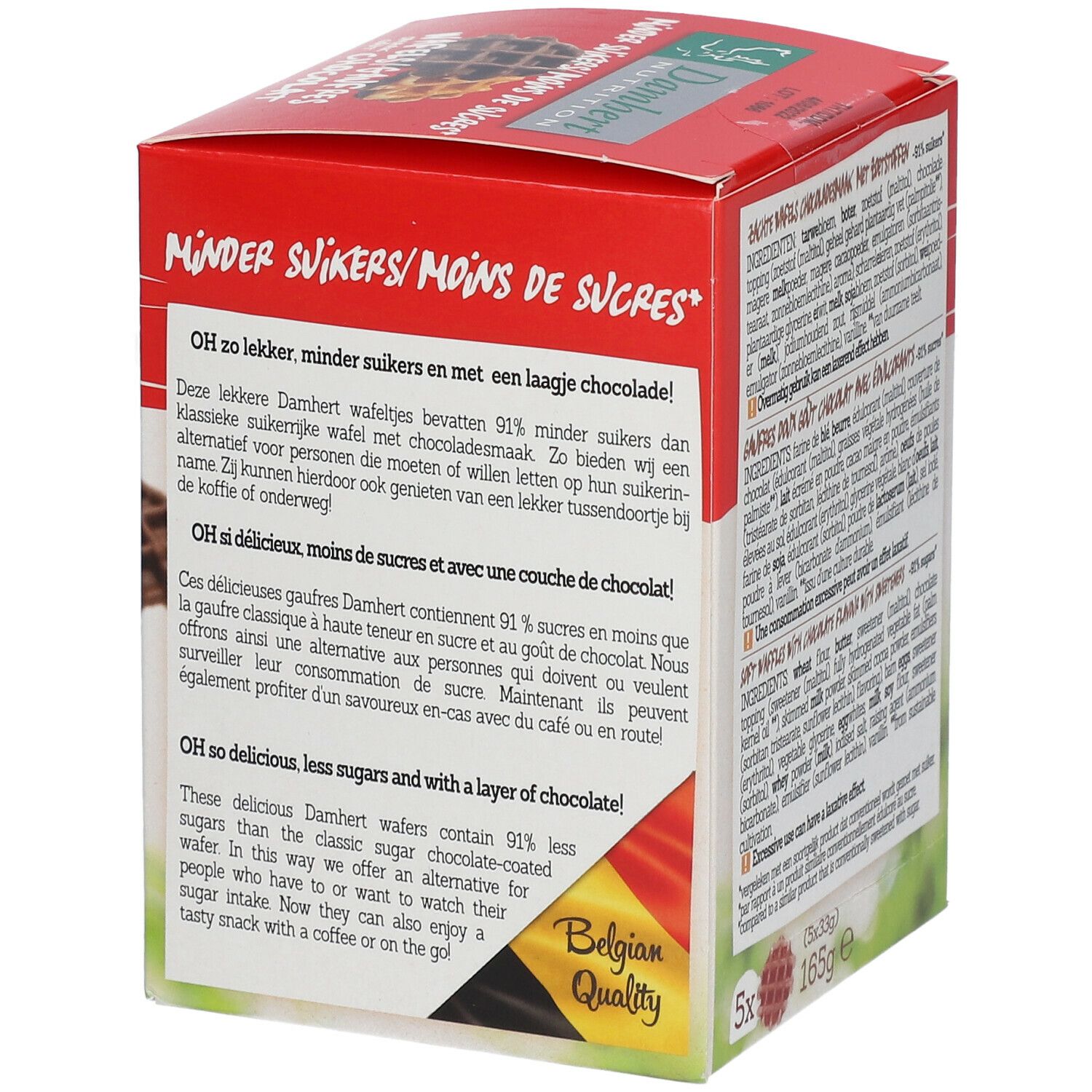 Verpakking met tekst. Opschrift: Minder Suikers/Moins de Sucres. Belgisch kwaliteitslabel. 165g, 5 stuks.