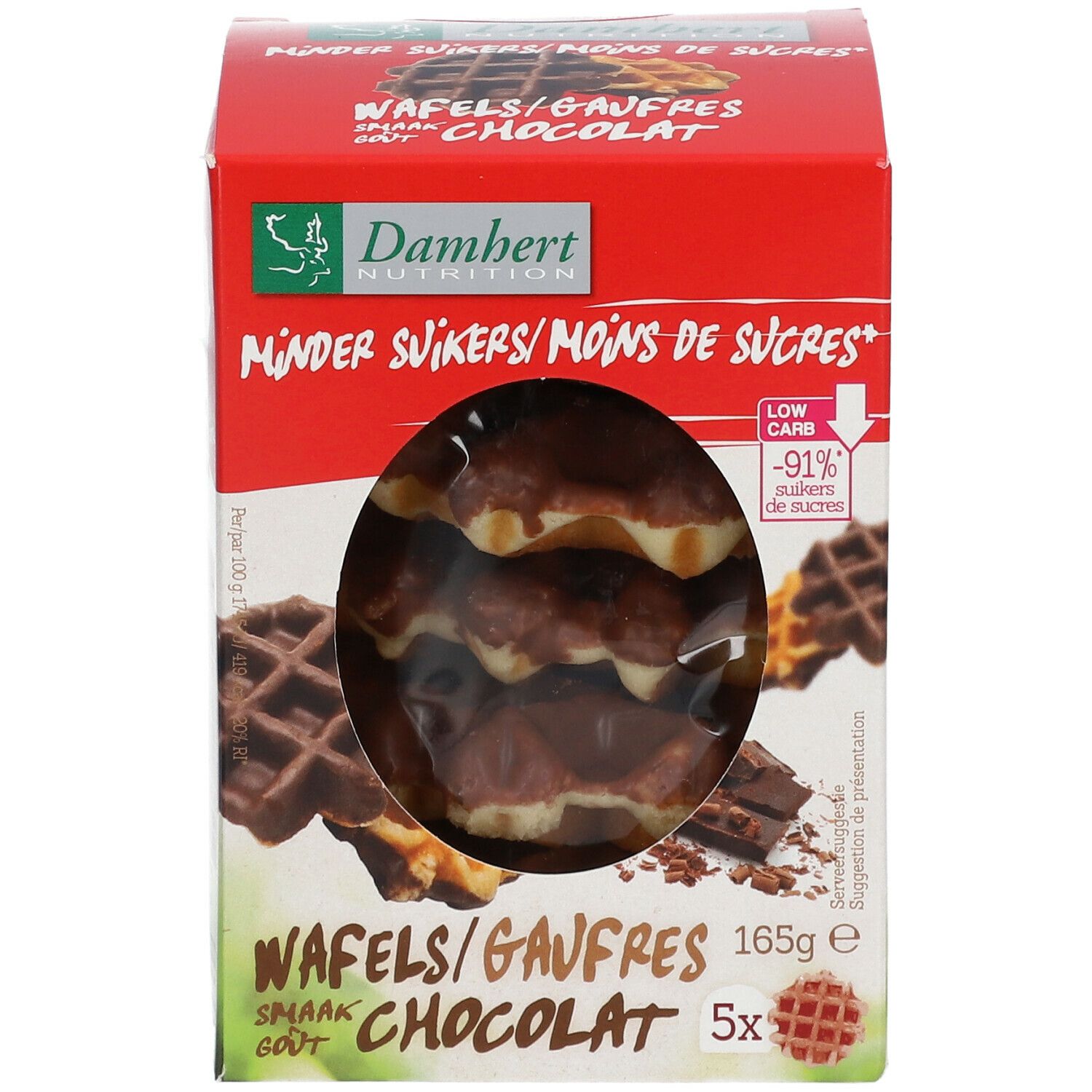 Verpakking met chocoladewafels. Transparant venster. Opschrift: Minder Suikers/Moins de Sucres. 165g, 5 stuks.