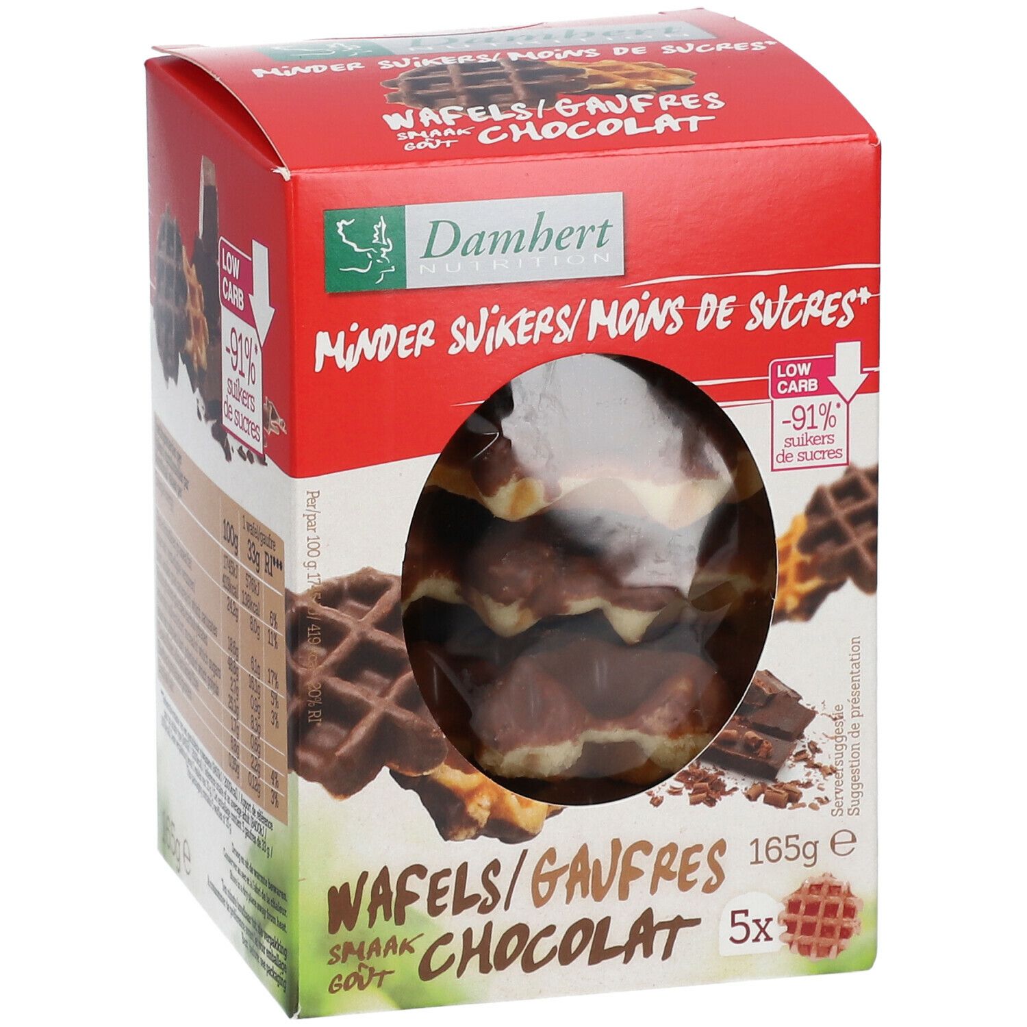 Verpakking met chocoladewafels. Transparant venster. Opschrift: Minder Suikers/Moins de Sucres. 165g, 5 stuks.