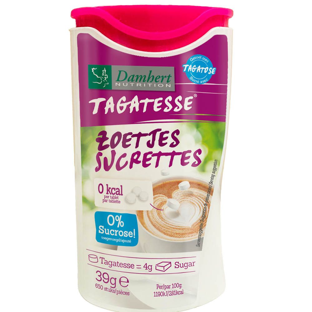 Wit-paarse doos met rode deksel. Opschrift Tagatesse, 0% Sucrosel. 39g, 650 stuks.