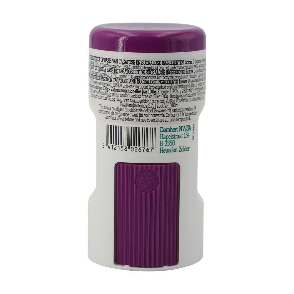 Boîte cylindrique, couvercle violet. Texte et code-barres au dos. Adresse du fabricant.