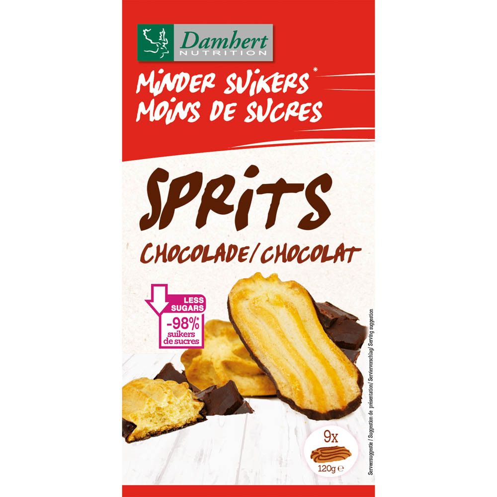 Verpakking van Damhert Low Carb Sprits Schokolade. Roze-wit, met productafbeelding en logo. Bevat 9 koekjes.