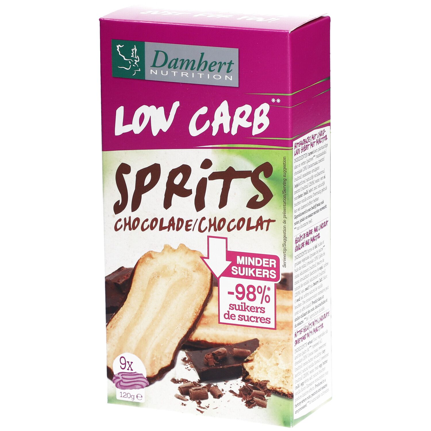 Verpakking van Damhert Low Carb Sprits Schokolade. Roze-wit, met productafbeelding en logo. Bevat 9 koekjes.