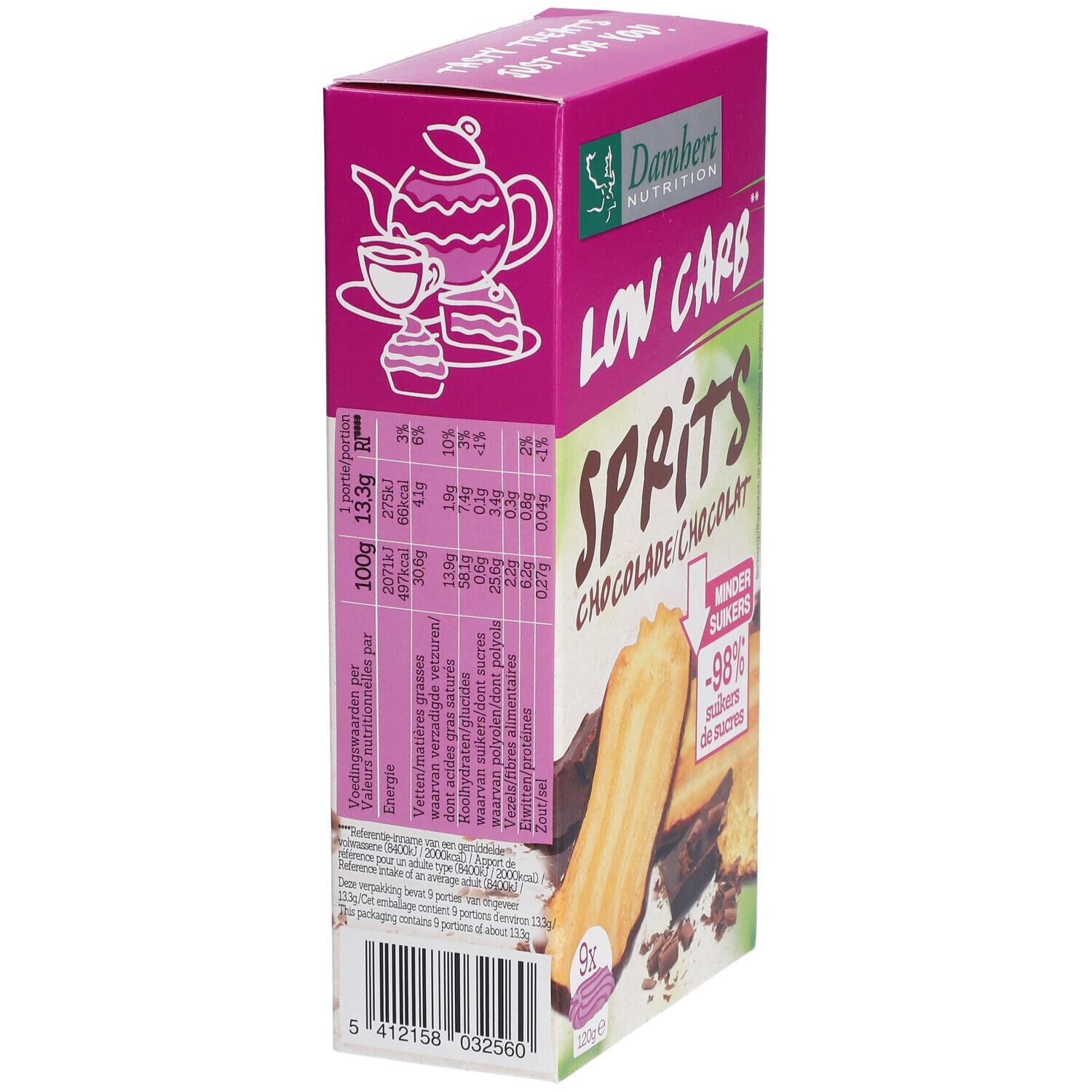 Zijaanzicht van de Damhert Low Carb Sprits Schokolade verpakking. Bevat voedingsinformatie en logo.