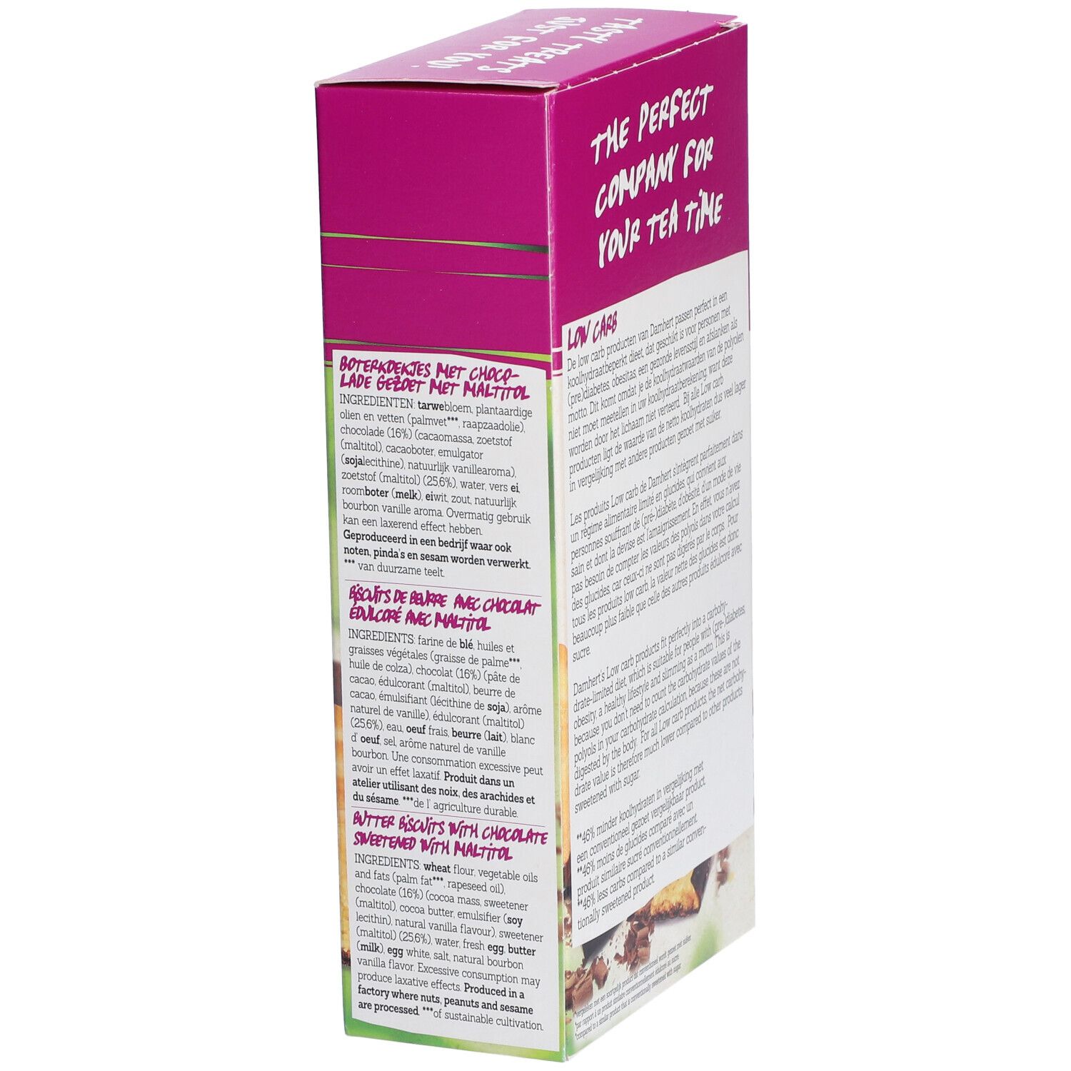Zijaanzicht van de Damhert Low Carb Sprits Schokolade verpakking. Tekst over ingrediënten en voedingswaarde.