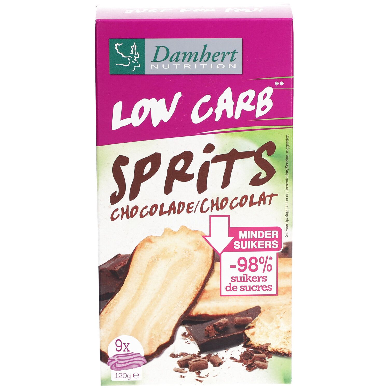 Verpakking van Damhert Low Carb Sprits Schokolade. Roze-wit, met productafbeelding en logo. Bevat 9 koekjes.
