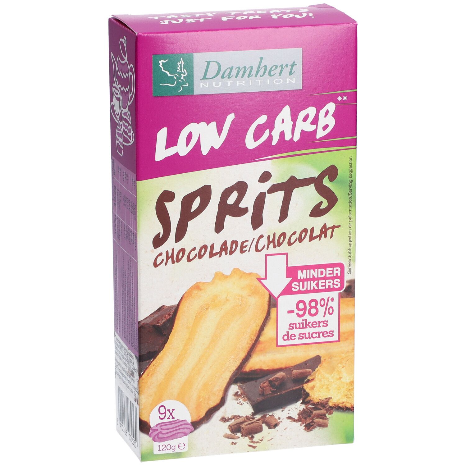Verpakking van Damhert Low Carb Sprits Schokolade. Roze-wit, met productafbeelding en logo. Bevat 9 koekjes.