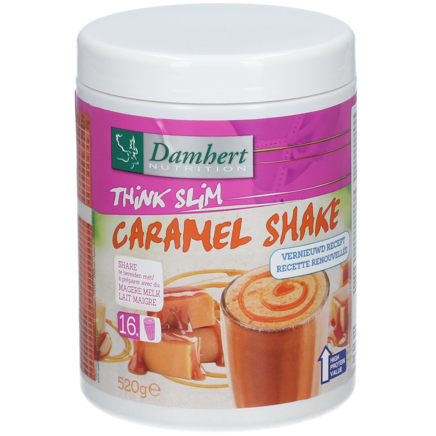 Pot blanc avec étiquette rose. Inscription : Damhert Nutrition, Think Slim Caramel Shake. Illustration : shake et morceaux de caramel.