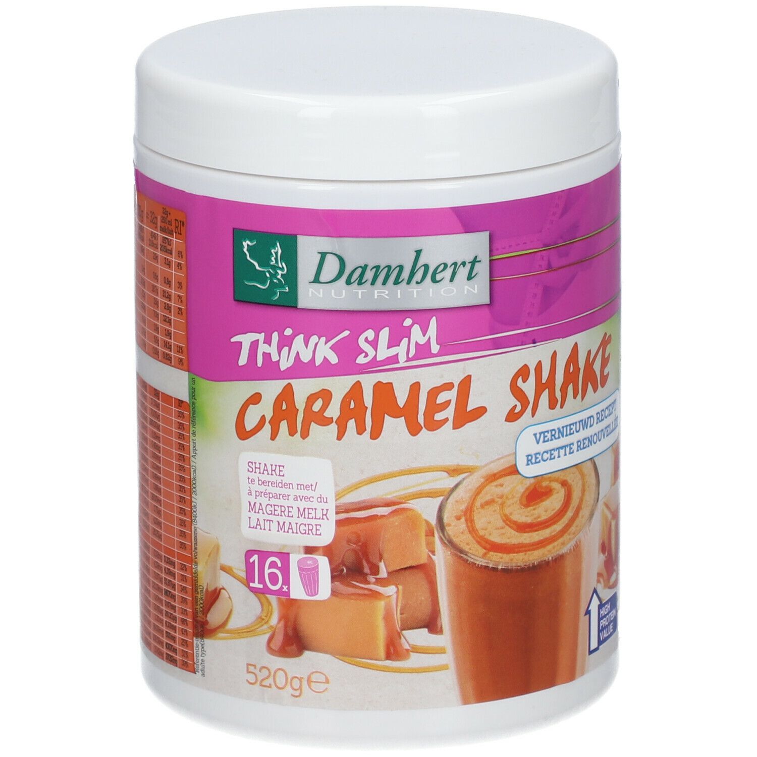 Pot blanc avec étiquette rose. Inscription : Damhert Nutrition, Think Slim Caramel Shake. Illustration : shake et morceaux de caramel.