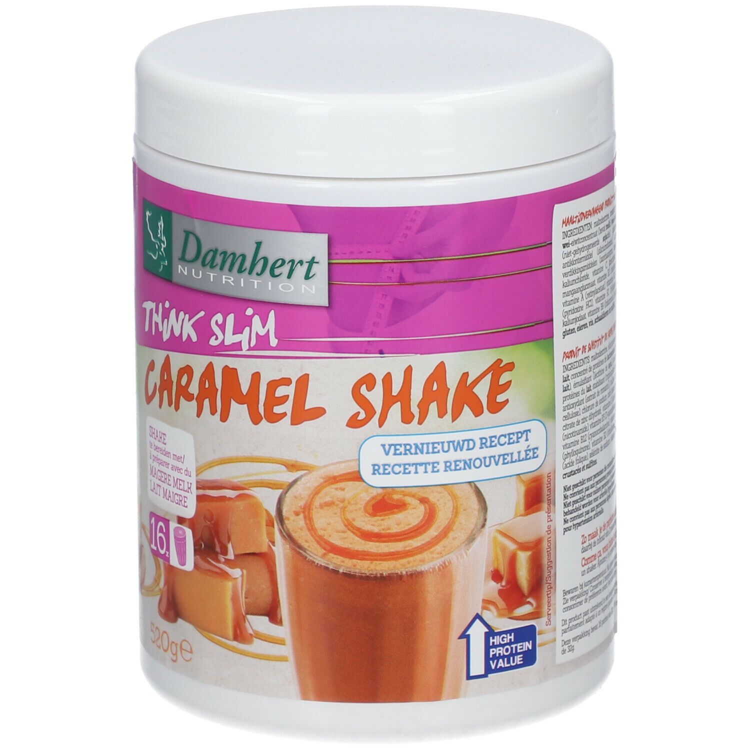 Pot blanc avec étiquette rose. Inscription : Damhert Nutrition, Think Slim Caramel Shake. Illustration : shake et morceaux de caramel.