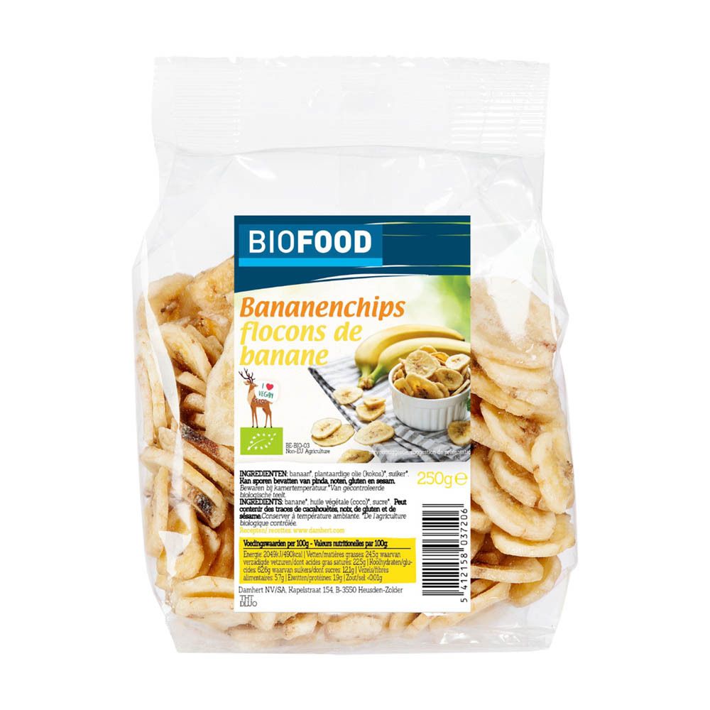 Transparente Tüte mit Bananenchips. Aufkleber mit BIOFOOD-Logo, Produktname, Bananenabbildung und EU-Bio-Siegel. 250g.