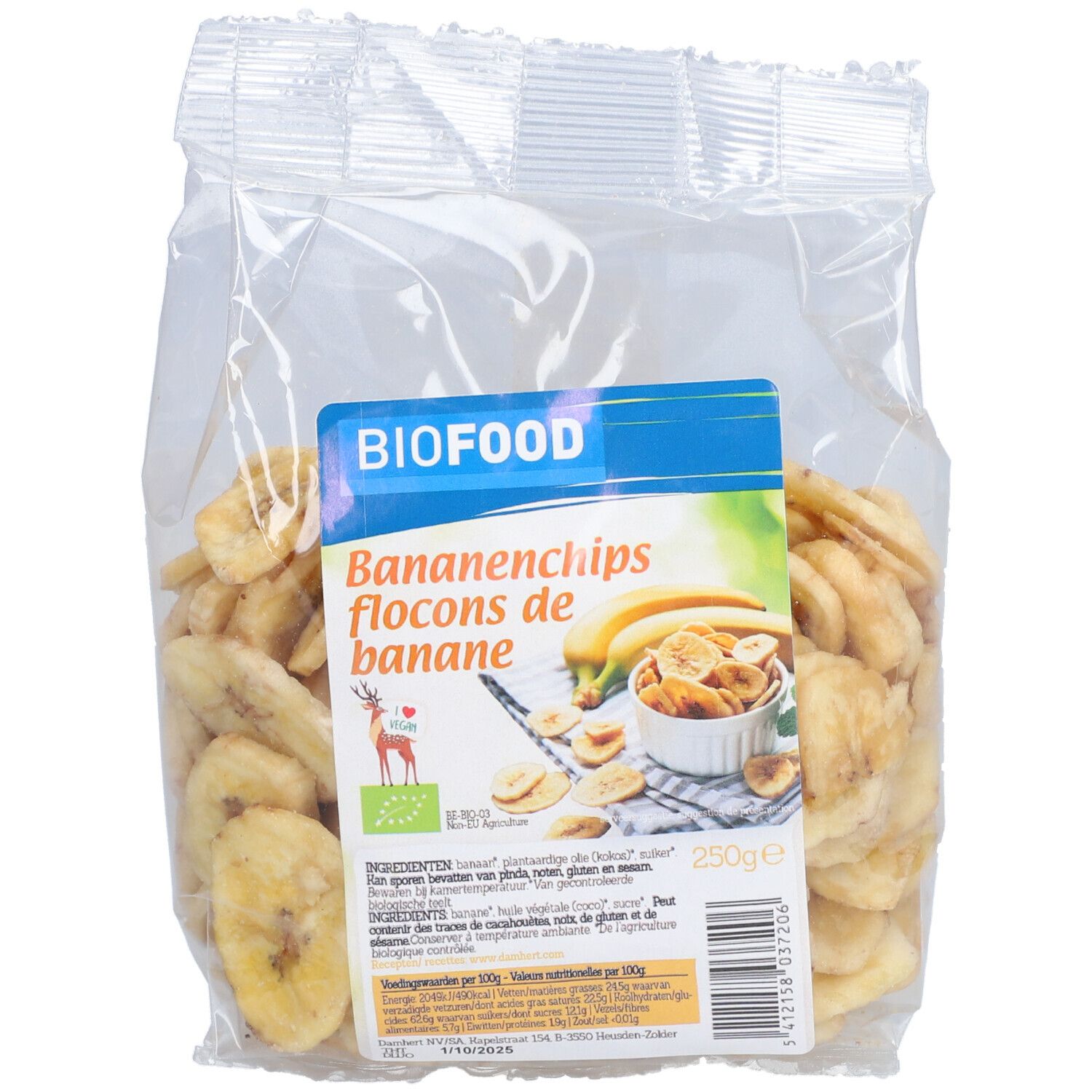Transparente Tüte mit Bananenchips. Aufkleber mit BIOFOOD-Logo, Produktname, Bananenabbildung und EU-Bio-Siegel. 250g.