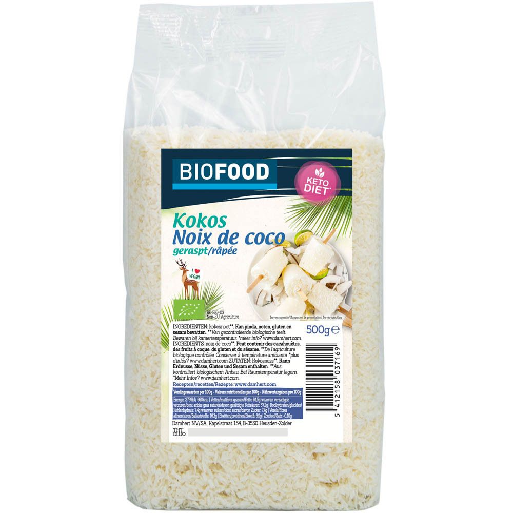 BIOFOOD kokosrasp in transparante verpakking. Bedrukking met productnaam, Keto Diet logo en 500g indicatie.