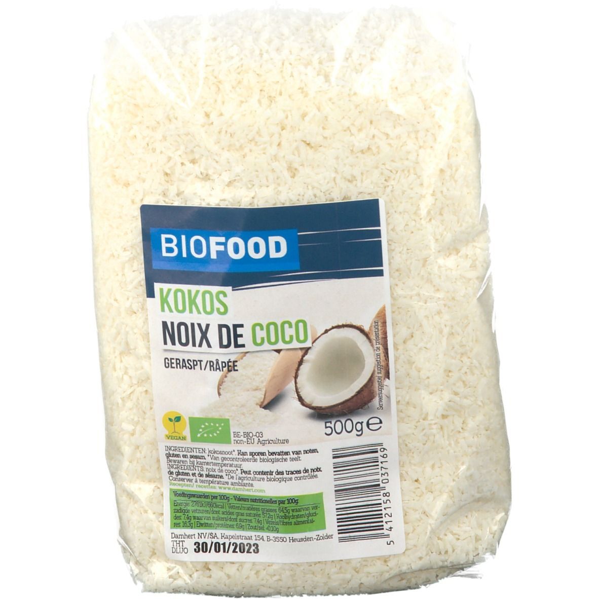BIOFOOD kokosrasp in transparante verpakking. Bedrukking met productnaam, EU-bio logo en 500g indicatie.