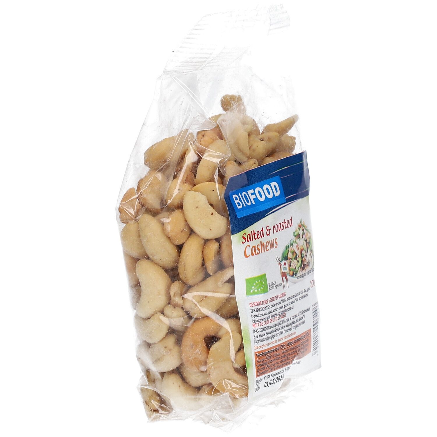 Gesalzene und geröstete Cashews in transparenter Verpackung. BIOFOOD-Logo und Produktbezeichnung auf dem Etikett.