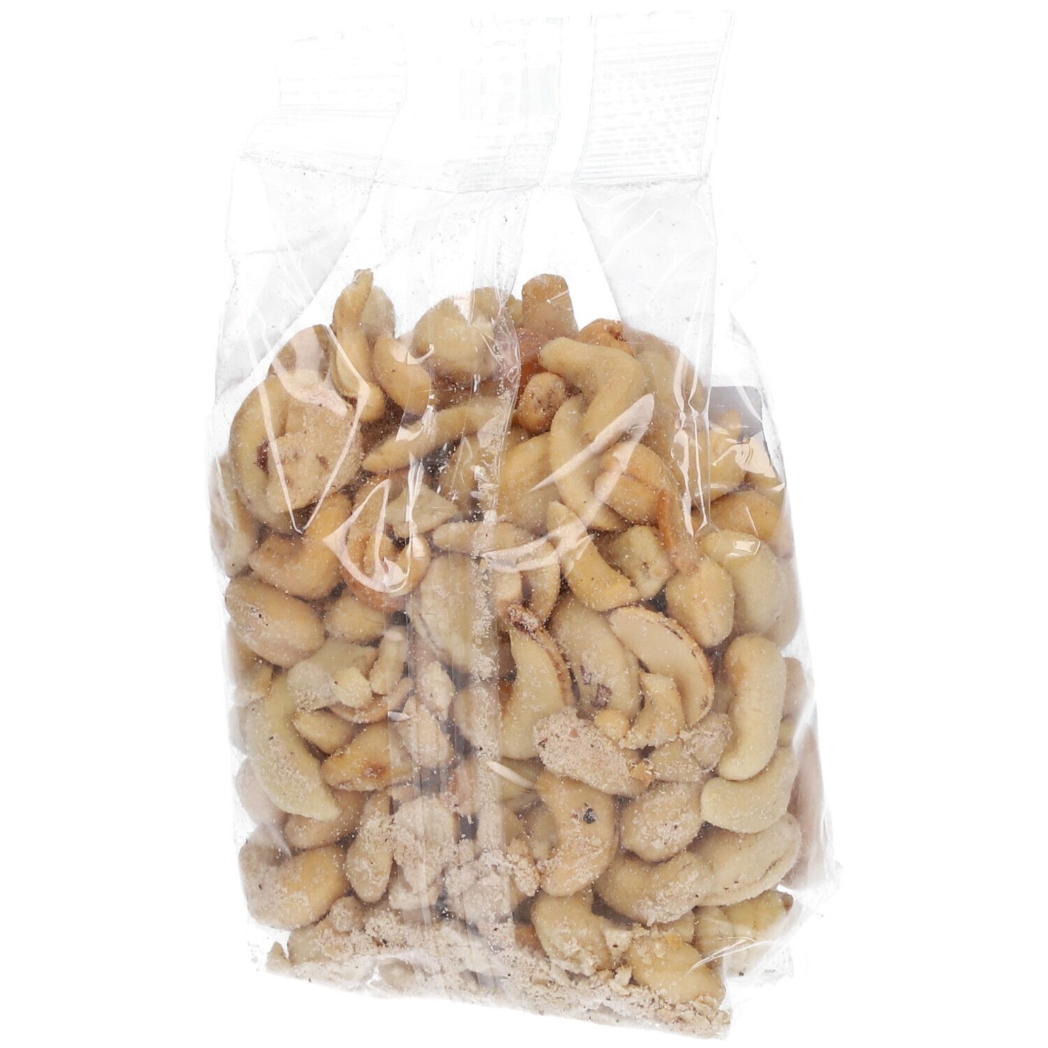 Gesalzene und geröstete Cashews in transparenter Verpackung. BIOFOOD-Logo und Produktbezeichnung auf dem Etikett.