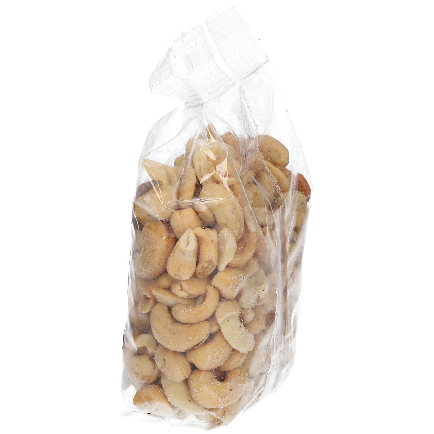 Gesalzene und geröstete Cashews in transparenter Verpackung. BIOFOOD-Logo und Produktbezeichnung auf dem Etikett.