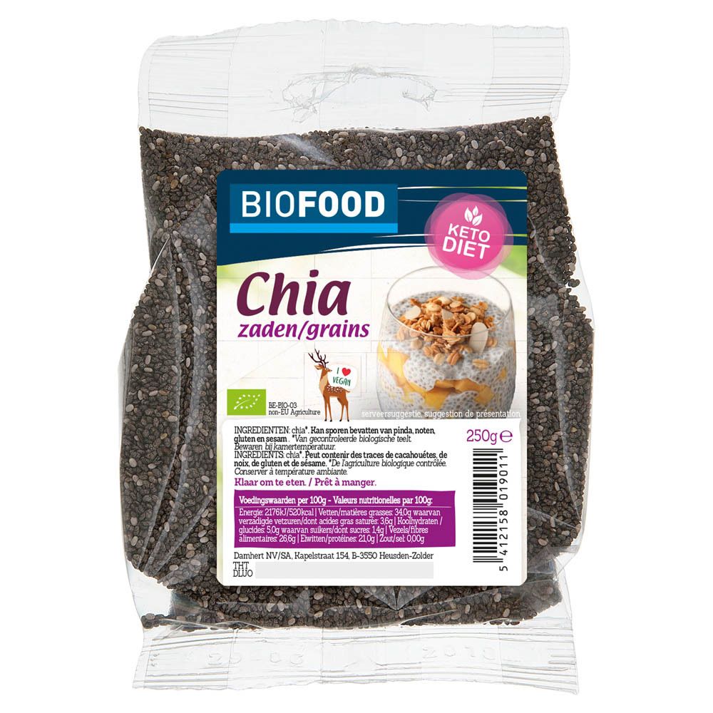 Transparante zak met chiazaad. Etiket met BIOFOOD-logo, productnaam en voedingsinformatie. Keto Dieet label.